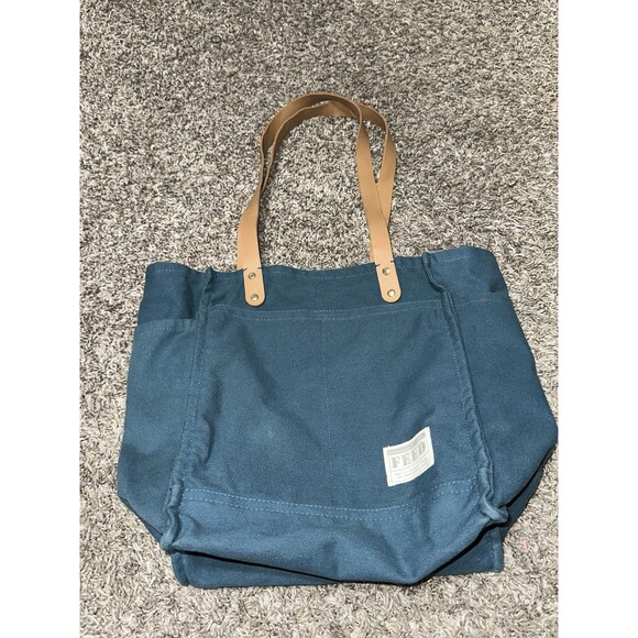 FEED Projects Tote Bag Reusable Teal Canvas Market Pockets Faux Leather Straps - Picture 11 of 11
